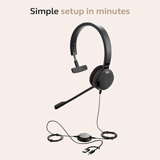 Jabra Evolve 20 SE Wired Single-Ear Headset with Microphone for Work, USB-A and USB-C Wired Headphones, Works with Online Meeting Platforms, Connects to Laptops, iPhone & Android Devices