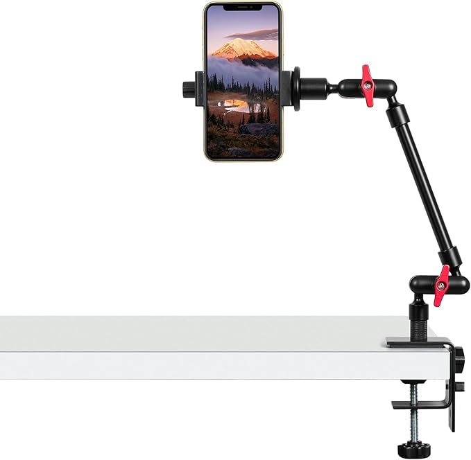 Magic Arm with Clamp, Long Articulating Arm Camera Mount, Adjustable Phone Mount Holder 360° Rotation, Mic Arm for Microphone, LED Lights, for Phone, Tripod, Desk, Table