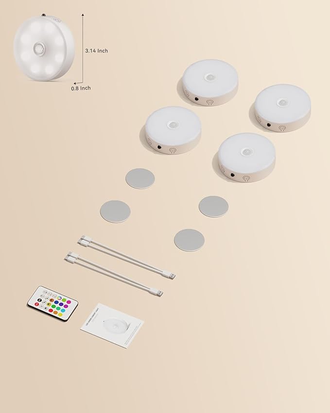 Puck Lights with Remote Control, Rechargeable Motion Sensor Lights Indoor, 12 RGB Color Tap Lights, 3 Color Temps & Dimmable Under Cabinet Lights for Closet, Kitchen, Shelf, Stair
