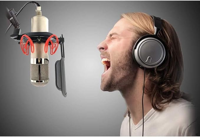 Universal Microphone Shock Mount with Pop Filter for Condenser Microphones Size at 21-62mm Anti-Vibration Mic Holder Clip(Red)