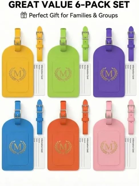 Luggage Tags for Suitcases 6 Pack PU Leather Travel Bag Tags with Privacy Cover & Stainless Steel Buckle, Vegan Leather Name ID Labels for Travel Bags, Cruise, Airline, Backpack, Baggage Identifier(M)