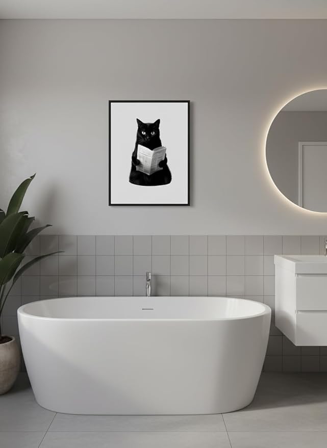 Zhfmoir Funny Black Cat on Toilet Wall Art 12x16 Inch, Humorous Bathroom Cat Canvas Print with Hooks, Waterproof Glossy Funny Animal Poster for Bathroom Decor, Office, Dorm, Gag Gift