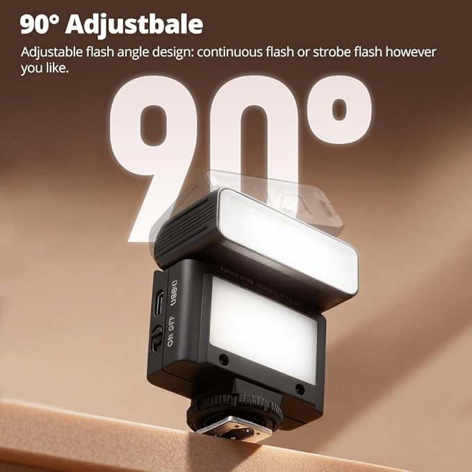 Ambitful AF10 Mini Camera Flash, Rechargeable Manual Speedlite with 90° Tilt Head, LED Continuous Light, USB-C Charging, Single-Contact Hot Shoe Flash for Sony Canon Nikon Fuji Ricoh Cameras