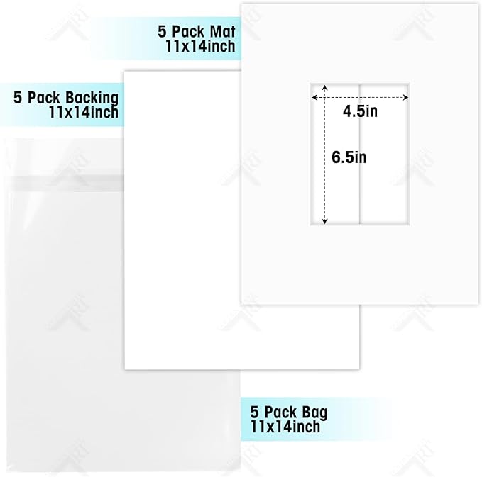 Golden State Art, Acid Free, Pack of 5, 11x14 White Picture Mats Mattes with White Core Bevel Cut for 5x7 Photo + Backing + Bags