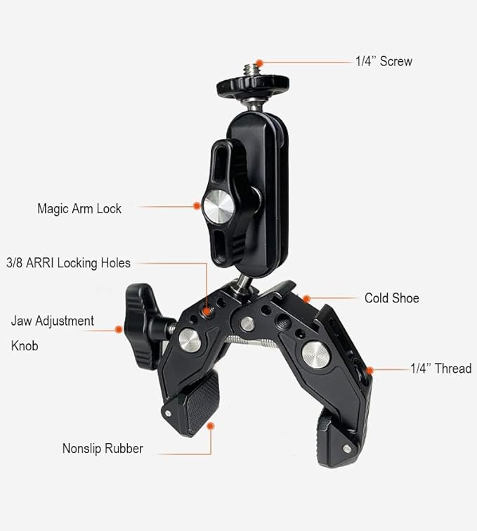 Super Clamp with 3” 360°Dual Ballhead Magic Arm, Cold Shoe, 1/4” Threads Mount Adapter for Phone, Action Camera, Desk Tripod, Tube, Gimbal, Compatible with SmallRig, GoPro, DJI Model ST83,13–65mm