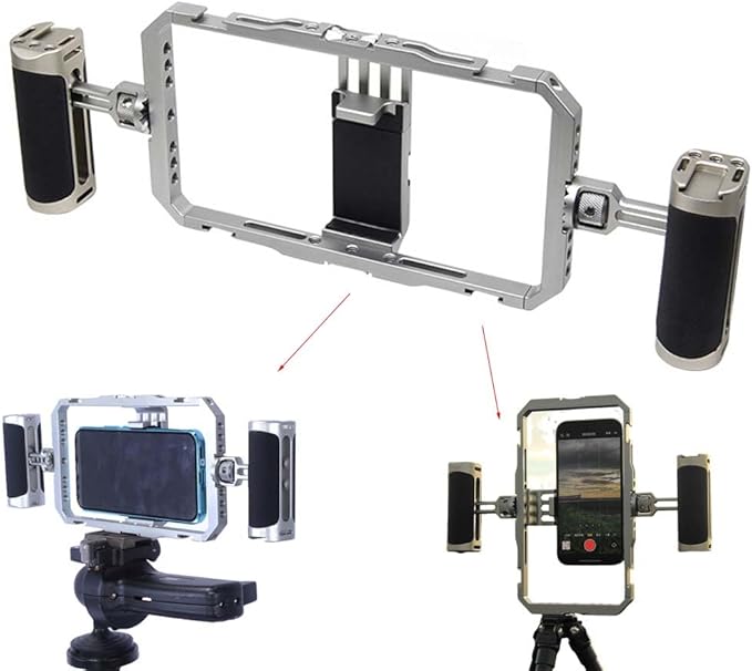 Dual Handheld Metal Stabilizer Bracket Holder for Smart Mobile Phone Shooting, Universal Fully Surrounded Photography Cage for Smart Mobile Phone, Support Vertical and Horizontal Shooting