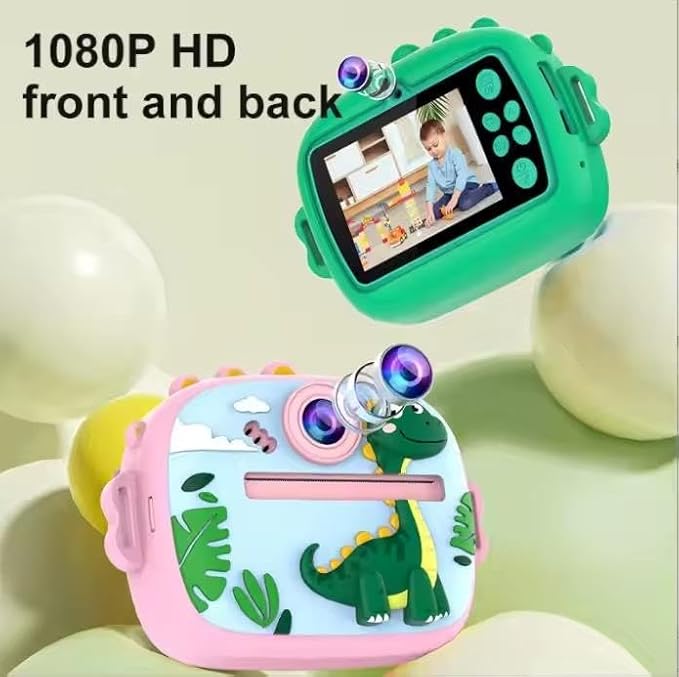 Kids Instant Print Camera, Cute Dinosaur Theme No-Ink Thermal Printing Digital Camera Toy, Rechargeable Portable Camera for Girls & Boys Ages 3–12, DIY Black and White Photo Prints (Pink)