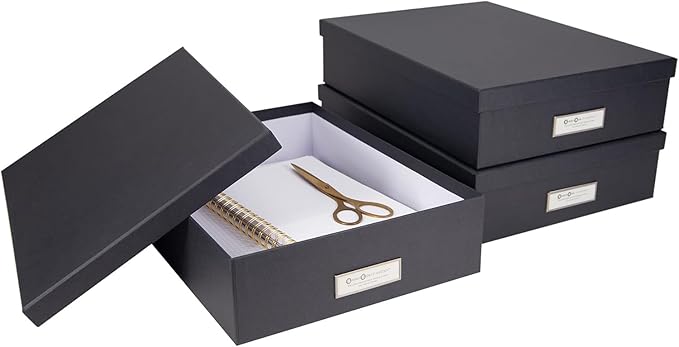 Bigso Oskar Fiberboard Label Frame Document Letter Box - File Organizer Box for Important Paperwork - Document Storage with a Lid & Metal Label Window - 3.3 in x 10.2 in x 13.8 in - 3 Pack - White
