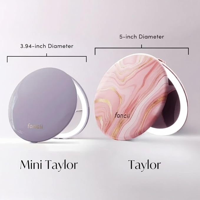 Fancii Mini Taylor Compact Magnifying Mirror with LED Light, 10x/1x, Rechargeable, 3 Light Settings, Dimmable - Small Lighted Travel Handheld Mirror for Pocket, Handbag, Purse, 2-Sided (Desert Sands)
