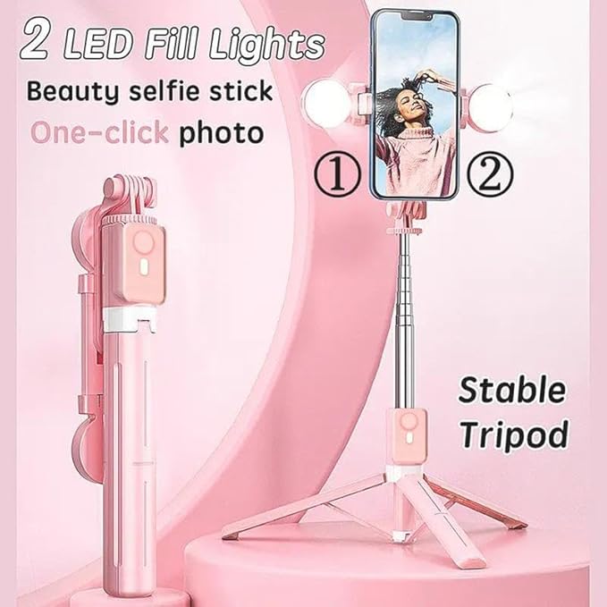 Selfie Stick Tripod with Light and Bluetooth Remote, 67" Extendable Mini Tripod Stand for iPhone Samsung Android, 6 in 1 Wireless Selfie Stick for TikTok YouTube Live Streaming(Pink)