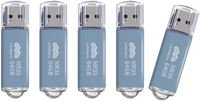 LinkMore 64GB (5 Pack) NR35 USB Flash Drive – USB 3.2 Memory Stick with Cap and Keychain Loop, Up to 70MB/s Read, 10MB/s Write – Plug & Play USB Drive for PC, Mac, TV, Car