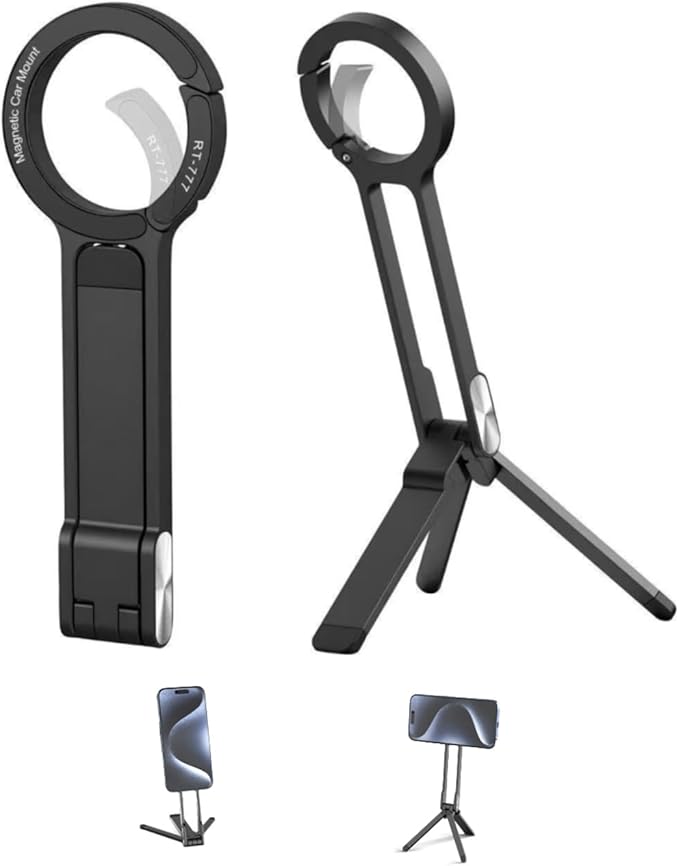 Aluminum Alloy Phone Tripod Carabiner-Mounted for iPhone, Portable Dual-Sided Magnetic Tripod Desk Mount Phone Handle Holder[Ultra-Light Only 0.22lb] Black