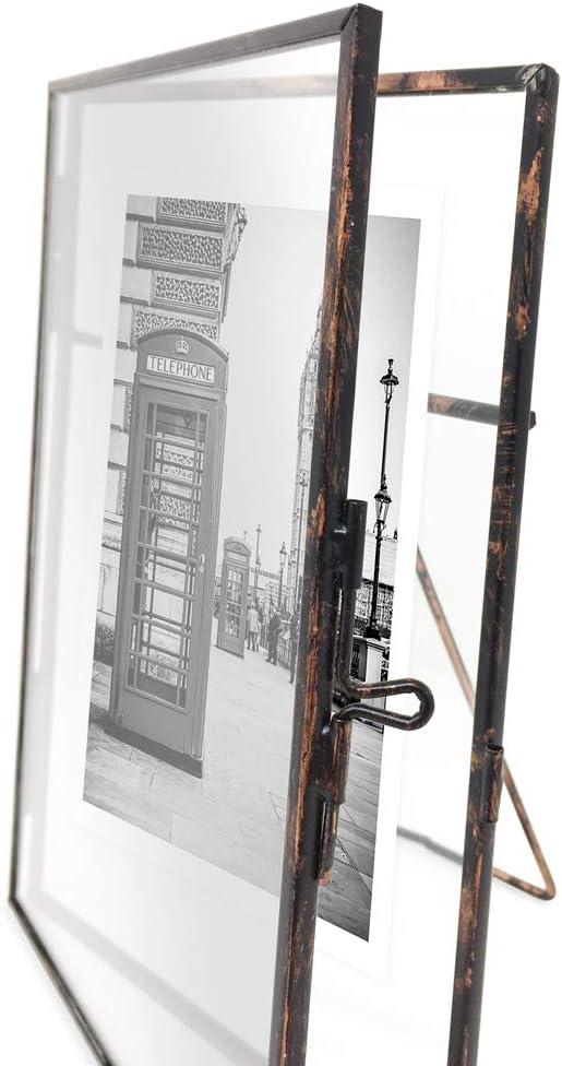 Isaac Jacobs 6x8, Antique Bronze, Vintage Style Brass and Glass, Metal Floating Picture Frame (Vertical) with Locket Closure, for Photos, Art, & More, Tabletop Display (6x8 Antique Bronze)