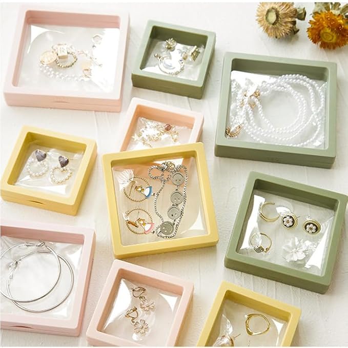 12PCS 3D Floating Frame Display Stand, Jewelry Box, Gift Box, Ornament Organizer, Small Travel Jewelry Box, PE Film Anti-Oxidation, Suspended Display Box Stackable (4.33*4.33, Type 2)