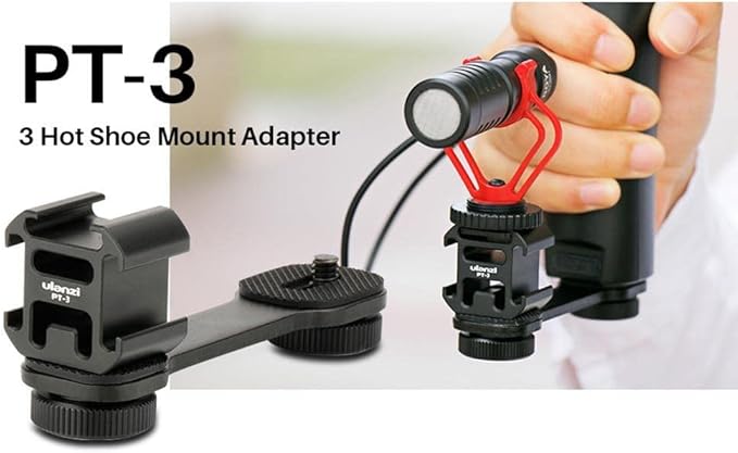 ULANZI PT-3 Triple Cold Shoe Mount Adapter Aluminium for Gimbal (DJI Osmo Mobile 2/3, Zhiyun, Feiyutech), Camera and Smartphone Vlog Video Microphone Extension Bar,Black