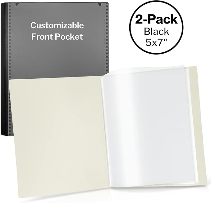 CRANBURY Small Photo Binder 5x7 (Black), 2-Pack Plastic Photo Book, 24 Pockets Show 48 Pictures, Mini Picture Presentation Binder with Customizable Album Cover, 5 x 7 Clear Sleeves