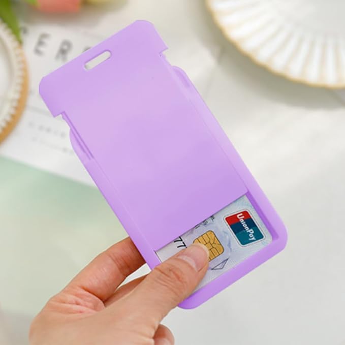 Larpur Pack of 2 Sliding ID Badge Holders Hard Plastic Vertical Card Cases with Clear ID Window for School, Office, Factory, Purple