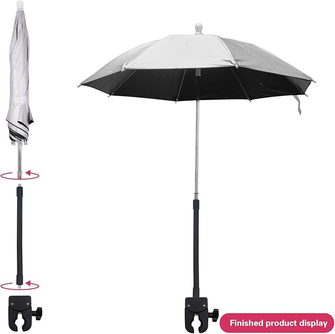 Umbrella Chair Clamp for Cameras, Flexible Adjustable Gooseneck Camera Rain Cover, Tripod Sun Shade Umbrella for Outdoor Photographing, Filming, Live Streaming, 20 Inch Diameter, Silver