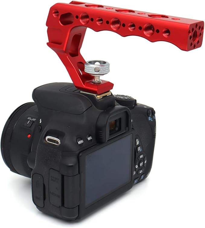 SZJELEN Top Handle Camera Grip with Cold Shoe Base for DSLR Camera Cage, with 3 Cold Shoe Adapters to Mount DSLR Camera with Microphone/LED Light/Monitor (Red with Cold Shoe Base)