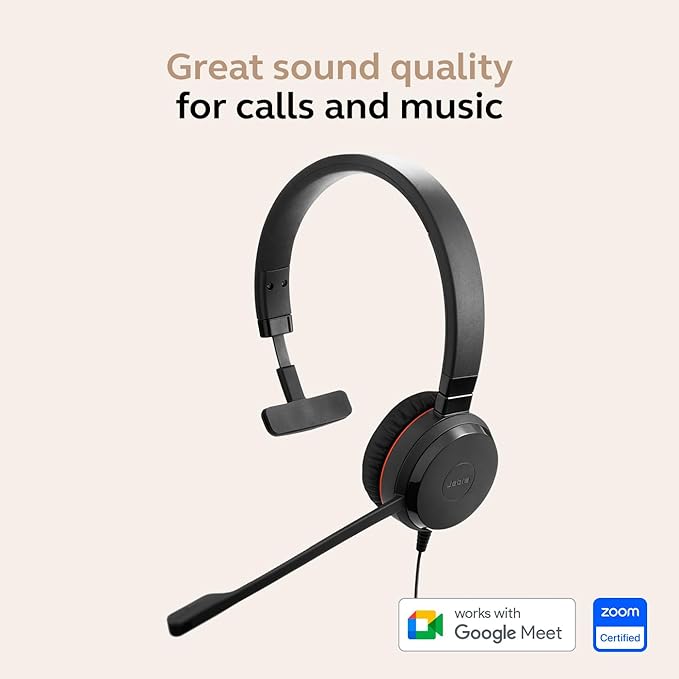 Jabra Evolve 20 SE Wired Single-Ear Headset with Microphone for Work, USB-A and USB-C Wired Headphones, Works with Online Meeting Platforms, Connects to Laptops, iPhone & Android Devices