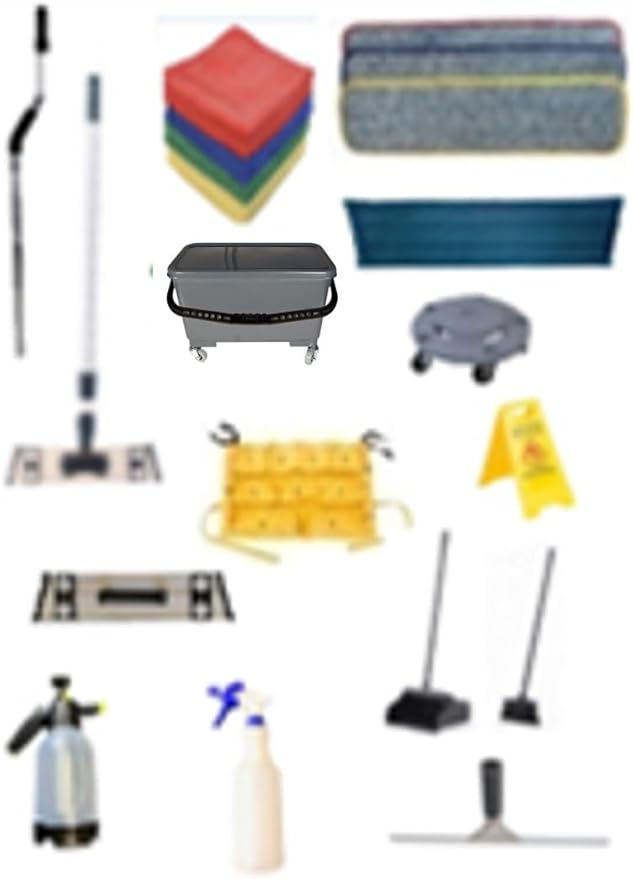MicroClean Industrial Starter Kit, Complete Cleaning System with 300 GSM or 470 GSM Microfiber, Includes Caddy Bag, Spray Bottles, Squeegee, Wet Floor Signs, Broom and Dust Pan