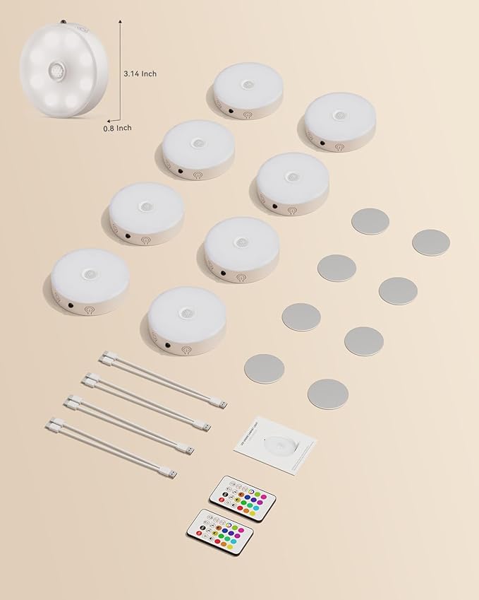 Puck Lights with Remote Control, Rechargeable Under Cabinet Lighting, 3 Color Temps, 12 RGB Color LED Motion Sensor Lights Wireless, Dimmable Tap Lights for Closet, Kitchen, Shelf, Stair