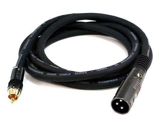 Monoprice XLR Male to RCA Male Cable - 6 Feet - Black, 16AWG Shielded Twisted Pair Oxygen-Free Copper Braid Conductors, E21 Gold Plated Connectors - Premier Series
