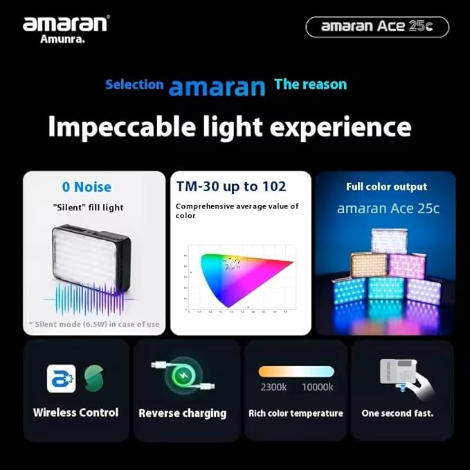 Amaran Ace 25c RGB Video Light,25W On Camera Pocket Video Light CCT 2300k-10000k, 5,908 lux @ 0.5m Illumination,with Rechargeable Battery and PD Charging (Charcoal)