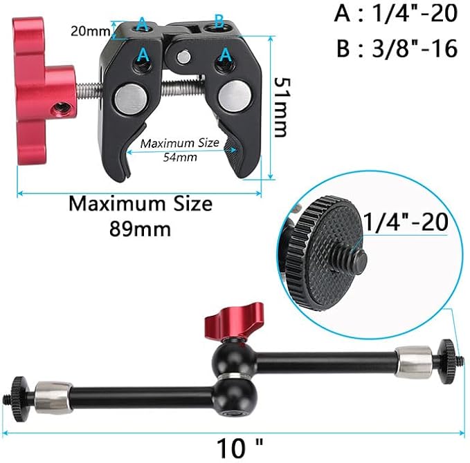 CAMVATE 9.8 inch Adjustable Articulating Magic Arm + Versatile Super Crab Clamp (Red Lock Knobs)-3055