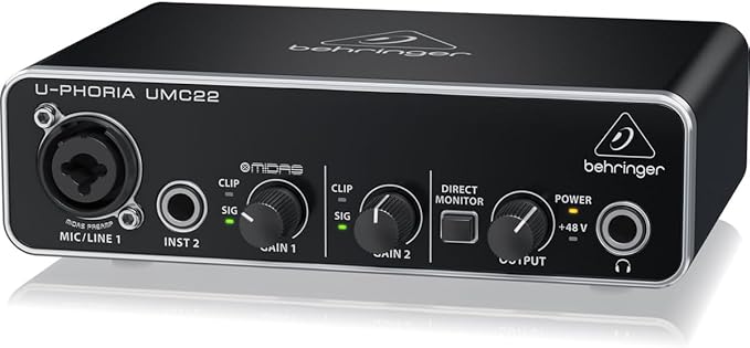Behringer UMC22 Audiophile 2x2, 48 kHz USB Audio Interface with Midas Mic Preamplifier | For Recording Microphones and Instruments