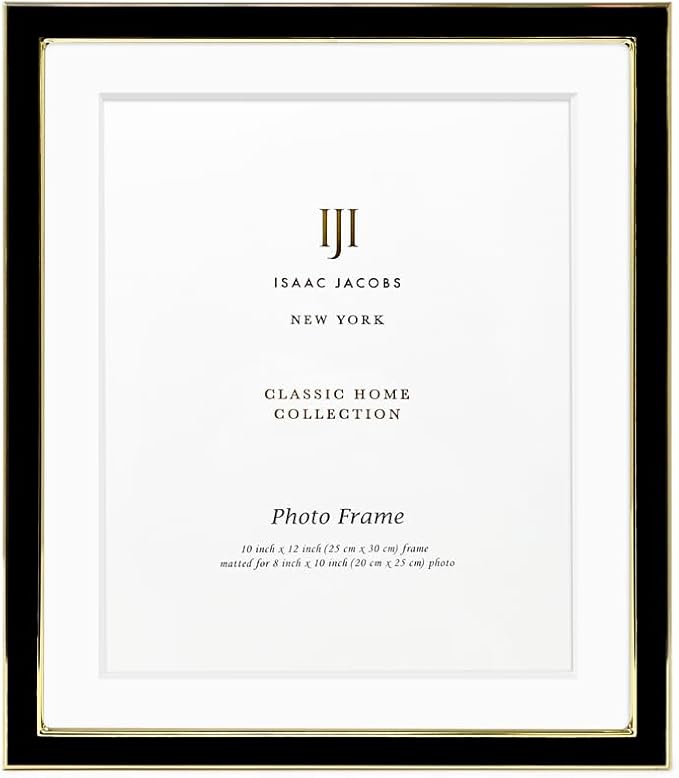 Isaac Jacobs 10x12 (Matted 8x10) Black Enamel Picture Frame with Gold Metal Edge and Easel, Tabletop Display, Wall Décor, Photo Gallery, (10x12 (Matted 8x10), Black with Gold)