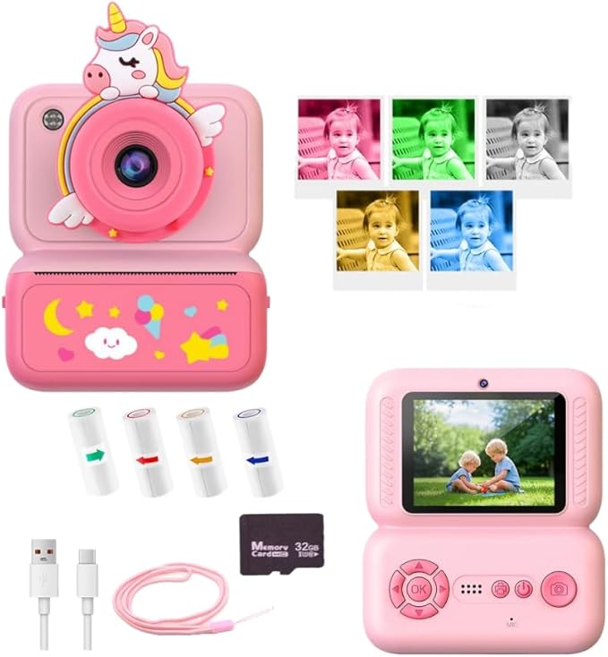 Kids Instant Print Camera, 2.4" HD Screen Instant Camera, Dual 3MP Kids Camera, 1080P Video, MP3 & Games, Includes Printing Paper & Lanyard, Gift for Boys & Girls (Pink-Color Printing)