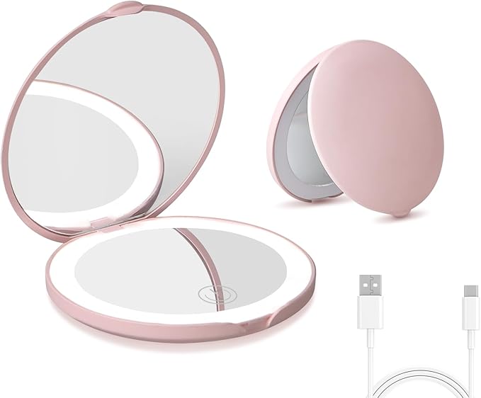 Compact Mirror with Light, Dimmable Pocket Mirror, Rechargeable Mini Mirror for Purse, Pocket, Travel and Present, Folding, Handheld, 2-Sided, Round