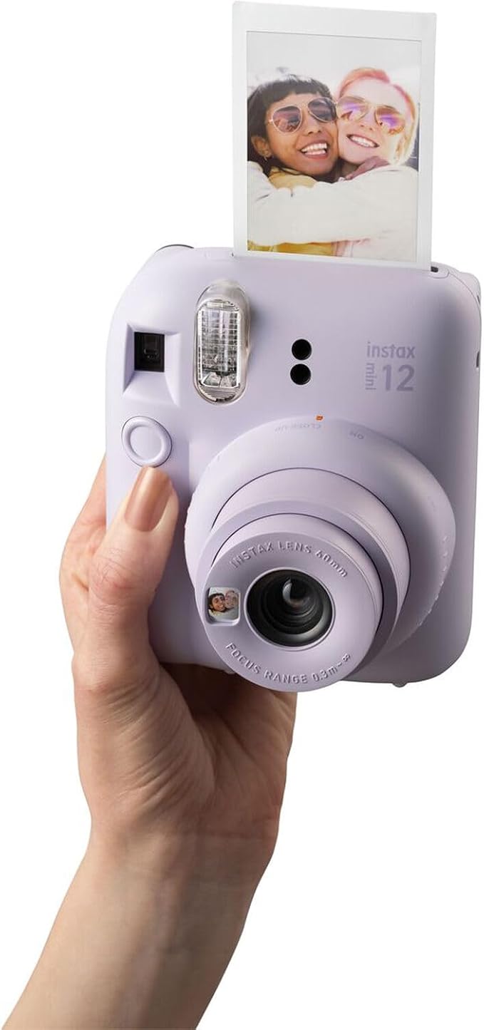 Fujifilm Instax Mini 12 Instant Camera + MiniMate Accessory Bundle & Compatible Custom Case + Fuji Instax Film Value Pack (50 Sheets) Flamingo Designer Photo Album (Lilac Purple)