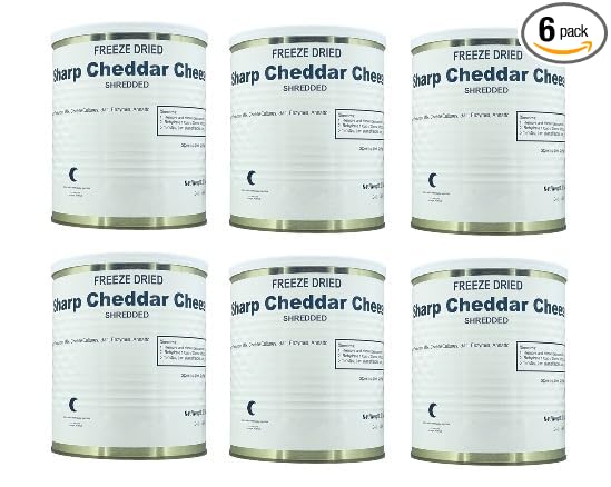 Military Surplus Freeze Dried Shredded Sharp Cheddar Cheese – #10 Can – 32 oz per Can– 25+ Year Shelf Life – Emergency Food Supply – Camping, Hiking, Survival, Backpacking – Long-Term Storage Food – Pack of 6