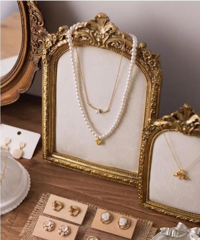 Two-Piece Gold Resin Jewelry Display Stand, Vintage Photo Frame Earring Holder, Velvet Necklace Storage Box, Elegant Décor for Jewelry and Collectibles