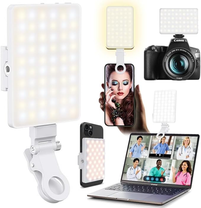 60 LED Portable Selfie Light Video Conference Lighting with Clip & Camera Tripod Adapter Rechargeable 2000mAh CRI 97+, 3 Light Modes for Phone iPhone Webcam Laptop Photo Makeup (Pure White)