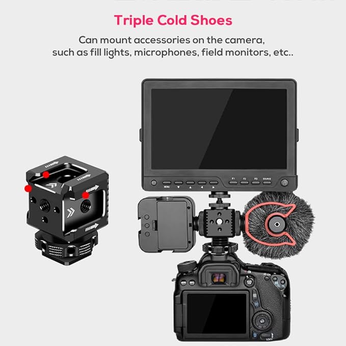 EaxanPic Triple Cold Shoe Mount Bracket, Camera Hot Shoe Mount Adapter with 1/4" Screw Holes for Flash Light Monitor Video Mic Compatible with Canon Nikon Camera Camcorder