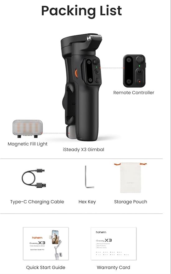 hohem iSteady x3 Gimbal Stabilizer for iPhone, AI Tracker Stabilizer, 3-Axis Smartphone Foldable Gimbal w/3-Color Fill Light, Detachable Remote Control, Built-in Extension Rod Tripod, hohem x3
