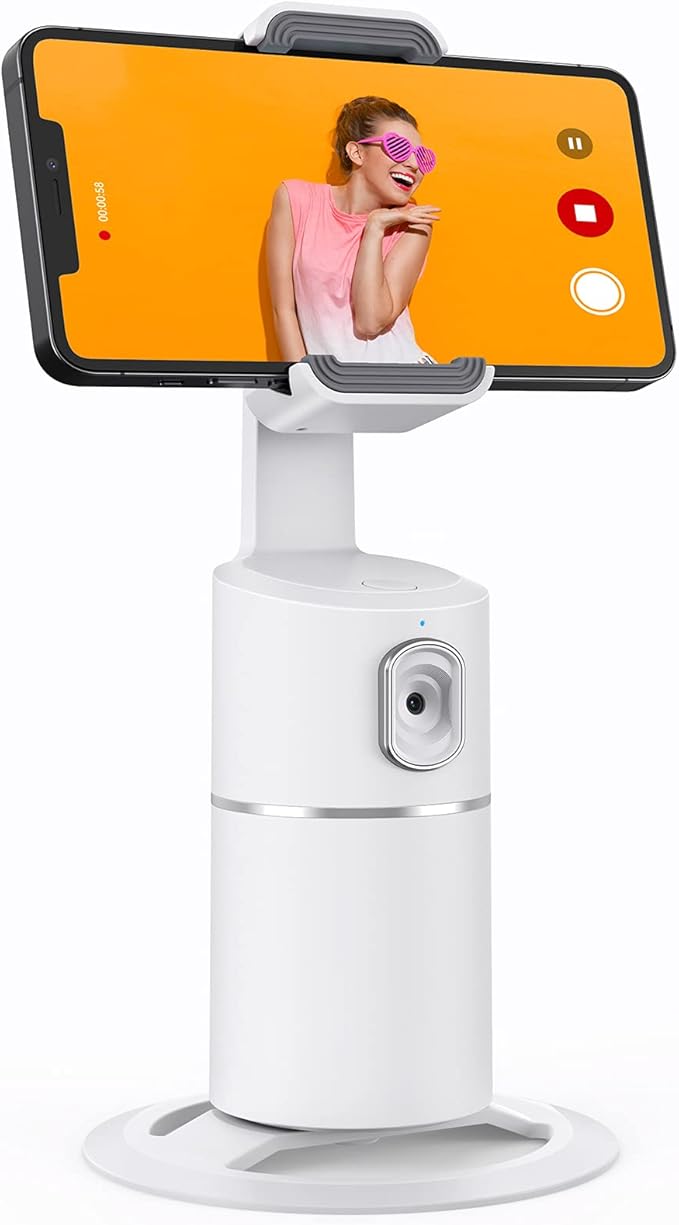Auto Face Tracking Phone Holder, No App Required, 360° Rotation Face Body Phone Tracking Tripod Smart Shooting Camera Mount for Live Vlog Streaming Video, Rechargeable Battery-White