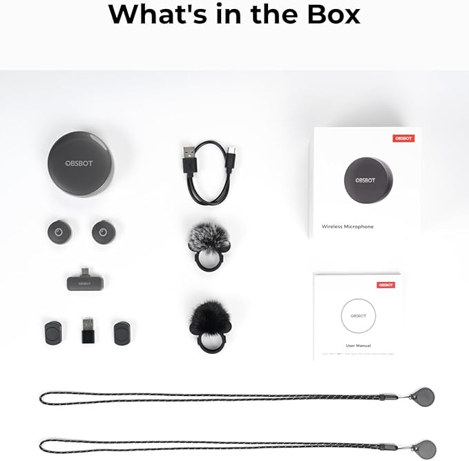 OBSBOT Vox Wireless Microphone, Dual Lavalier Mics with 300m Range, 48kHz/24-Bit Studio Audio, USB-C Plug & Play for Streaming, YouTube, Podcast, Vlog, Compatible with Phones & PC & Laptop