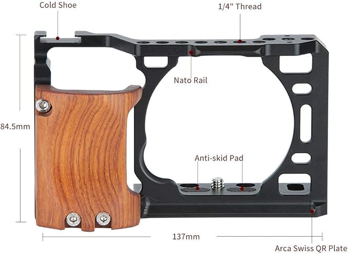 NICRYRIG Cage Kit for A6400 A6500 Sony Mirrorless Camera, with Wooden Handle Grip M2.5 Screw - 110