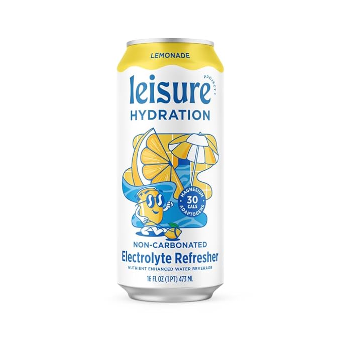 Leisure Hydration Non-Carbonated Electrolyte Refresher, Lemonade Flavor - Low Sugar Nutrient Enhanced Water Beverage - Get The Best Hydration Packed w/ Magnesium & Ashwagandha For Mood & Stress Support, Non-GMO, 16 oz (12-Cans)