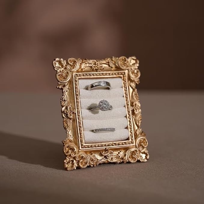 Vintage Gold Ring Holder 3.94x3.54 In,Suede Lined Jewelry Display Stand, Engagement Ring holder Photography Prop for Wedding Decor, Bridesmaid & Engagement Gift