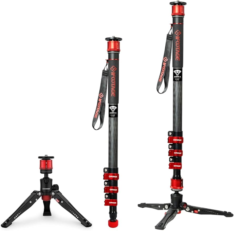 IFOOTAGE 71" Carbon Fiber Monopod Cobra 3 C180F, Camera Monopod Lightweight for Travel, Professional Video Mono pod with Tripod Base, Max Load 10KG