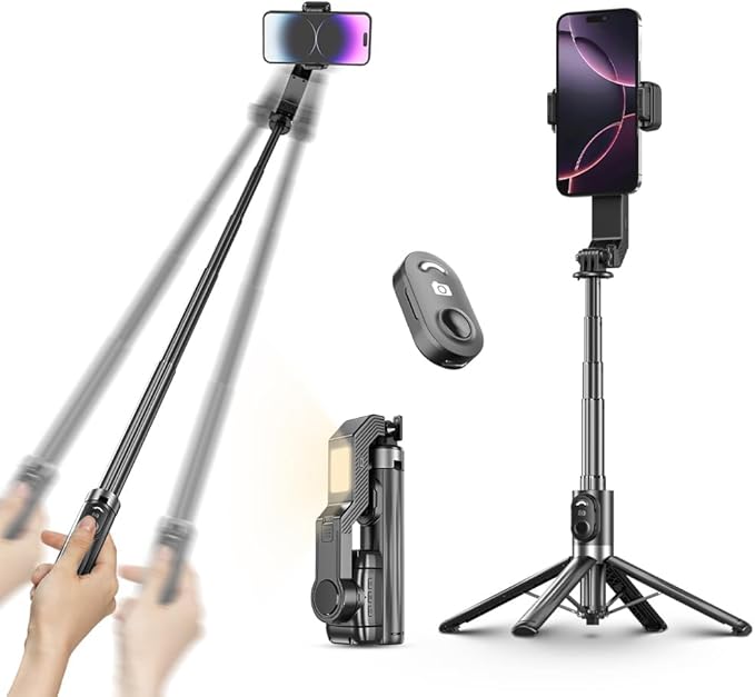 Selfie Stick Gimbal Stabilizer, Single Axis Stabilizer Selfie Stick with Light Tripod 360° Rotation with Remote Control for iPhone/Andriod for Vlog Live Broadcast TIK Tok YouTube Vlogging