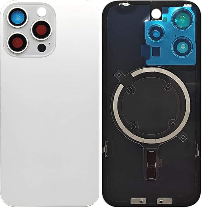 1Pcs/Lot Battery Cover Glass for iPhone 15 Pro Max Back Housing Replacement with Small Parts Metal Plate Magnetic for iPhone 15PM 2in1 Big Hole Back Glass Rear Door Case (White)