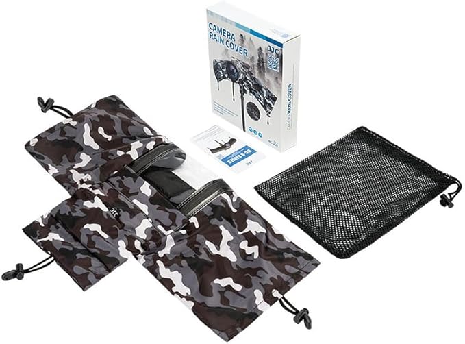 JJC Camera Rain Cover Sleeve for Canon Nikon Sony Fujifilm Mirrorless Camera with Lens Below 7.1x5.5x9.1” (WxHxD), Nylon Camera Rain Coat Protector with Zippered See Through Windows-Camouflage Gray