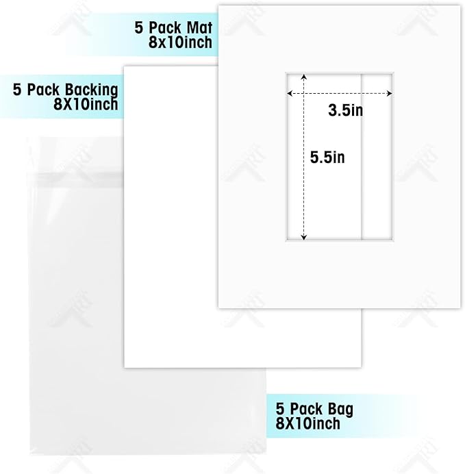 Golden State Art, Acid Free, Pack of 5, 8x10 White Picture Mats Mattes with White Core Bevel Cut for 4x6 Photo + Backing + Bags