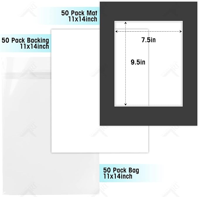 Golden State Art, Acid Free, Pack of 50, 11x14 Black Picture Mats Mattes with White Core Bevel Cut for 8x10 Photo + Backing + Bags